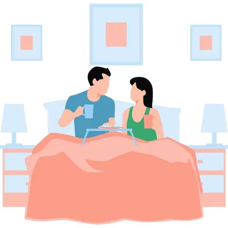 Pareja bebiendo té en la cama  Ilustración