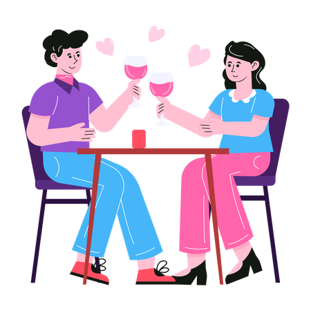 Pareja bebiendo vino en una cita romántica  Ilustración