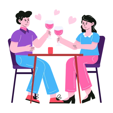 Pareja bebiendo vino en una cita romántica  Ilustración