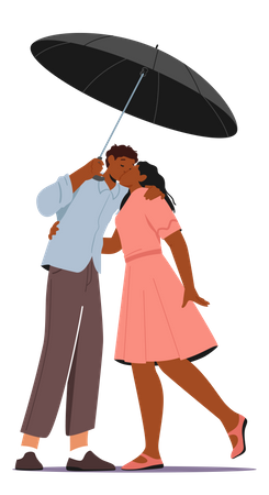 Pareja besándose bajo la lluvia  Ilustración