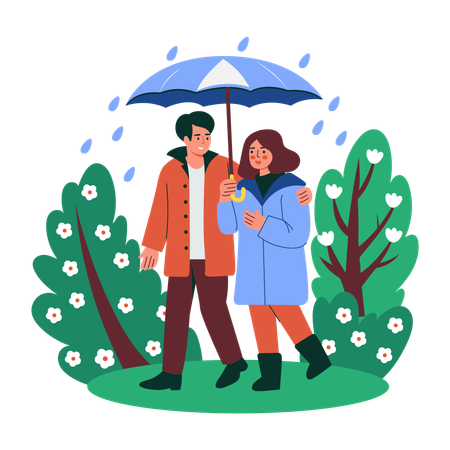 Pareja pasea bajo una sombrilla  Ilustración