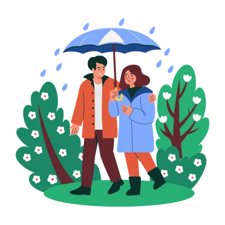 Pareja pasea bajo una sombrilla  Ilustración