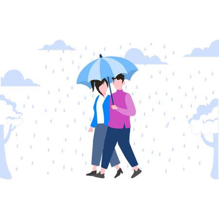 Pareja caminando bajo la lluvia con paraguas  Ilustración