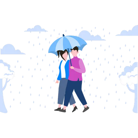 Pareja caminando bajo la lluvia con paraguas  Ilustración