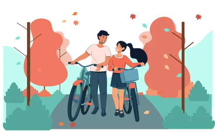 Pareja caminando con bicicleta  Ilustración