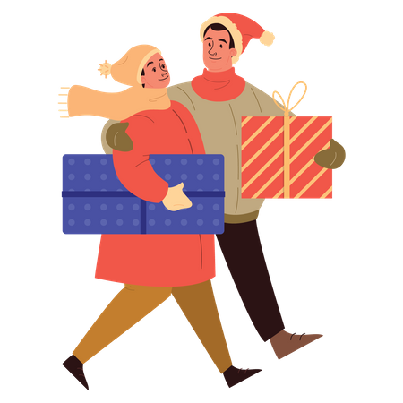 Pareja caminando con regalos  Ilustración