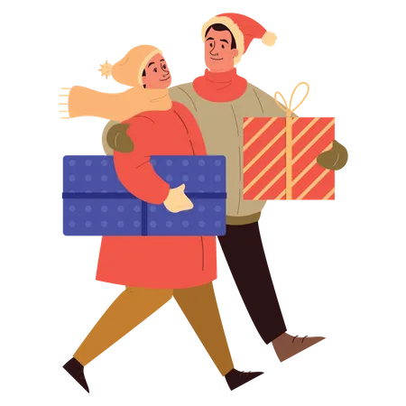 Pareja caminando con regalos  Ilustración