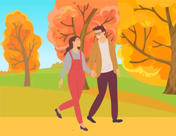 Pareja caminando en el bosque otoñal  Ilustración