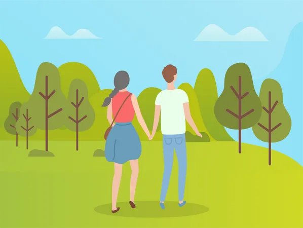 Pareja caminando en el parque  Ilustración