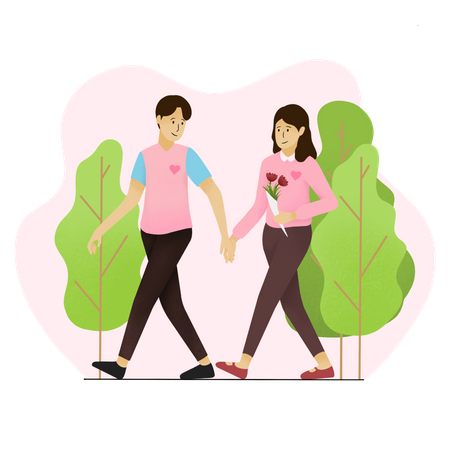 Pareja caminando en el parque con la mano  Ilustración