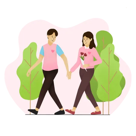 Pareja caminando en el parque con la mano  Ilustración