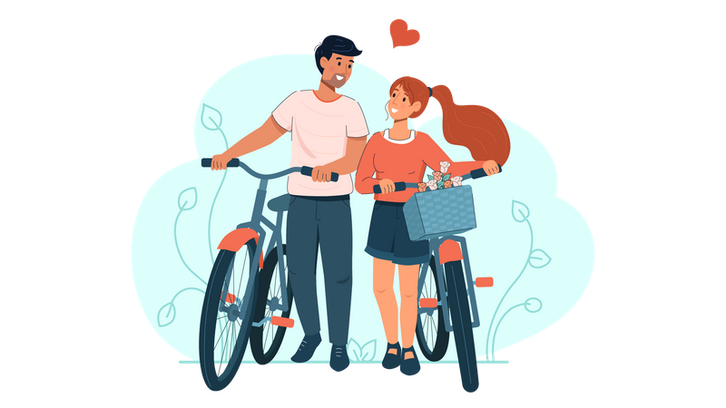 Pareja caminando junto con bicicleta  Ilustración