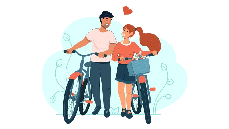 Pareja caminando junto con bicicleta  Ilustración