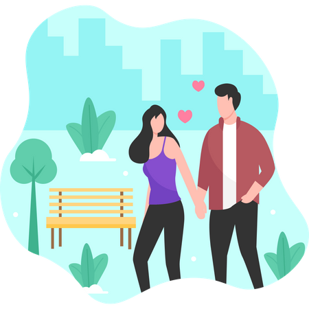 Pareja caminando juntos en el parque  Ilustración