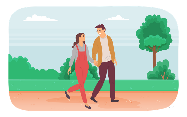 Pareja caminando juntos en el parque  Ilustración