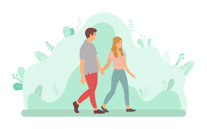 Pareja caminando juntos en el parque  Ilustración