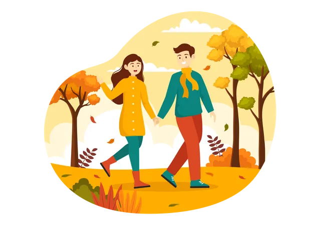 Pareja caminando juntos en el parque de otoño  Ilustración