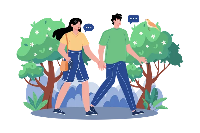 Pareja caminando en el bosque  Ilustración