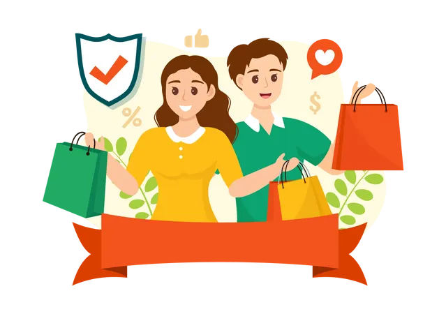 Pareja llevando bolsa de compras  Ilustración