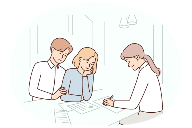 Pareja casada consultando a un agente de seguros o abogado y redactando un contrato matrimonial en la oficina  Ilustración