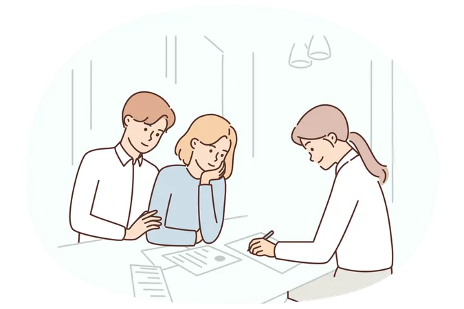 Pareja casada consultando a un agente de seguros o abogado y redactando un contrato matrimonial en la oficina  Ilustración