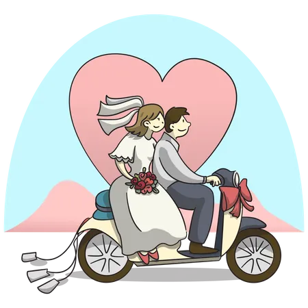 Pareja casada montando scooter  Ilustración