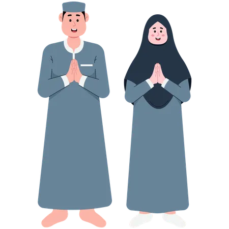 Una pareja casada de musulmanes les desea un feliz Eid Al-Fitr  Ilustración