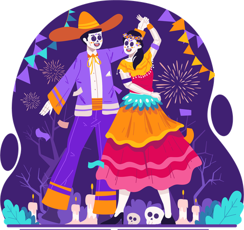 Pareja de catrinas con trajes tradicionales mexicanos bailando juntas el día de muertos  Ilustración