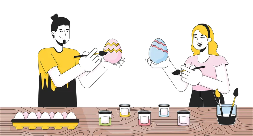 Pareja caucásica pintando huevos de Pascua  Ilustración