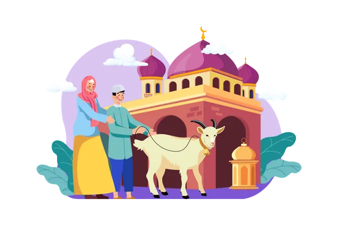 Una pareja celebra Eid al Adha donando dos cabras al qurban  Ilustración