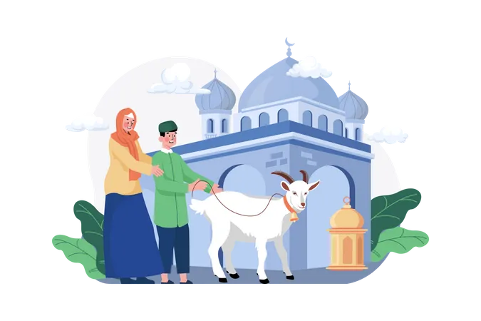 Una pareja celebra Eid al Adha donando dos cabras al qurban  Ilustración