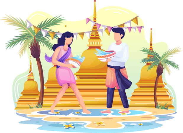 Una pareja celebra el festival Songkran salpicando agua  Ilustración