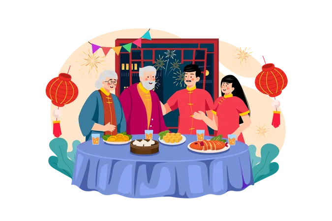 Pareja celebrando el año nuevo chino con los abuelos  Ilustración