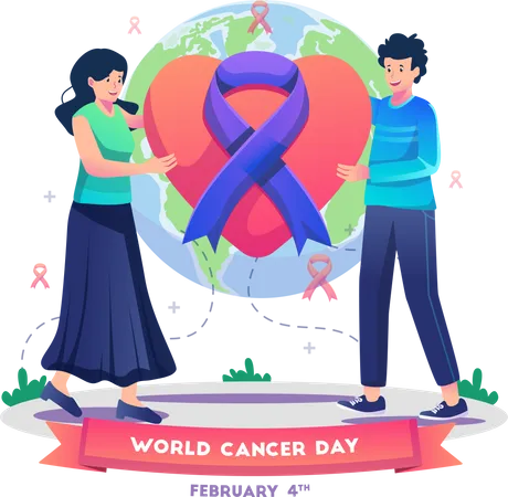 Pareja celebrando el día mundial contra el cáncer sosteniendo un amor decorado  Ilustración