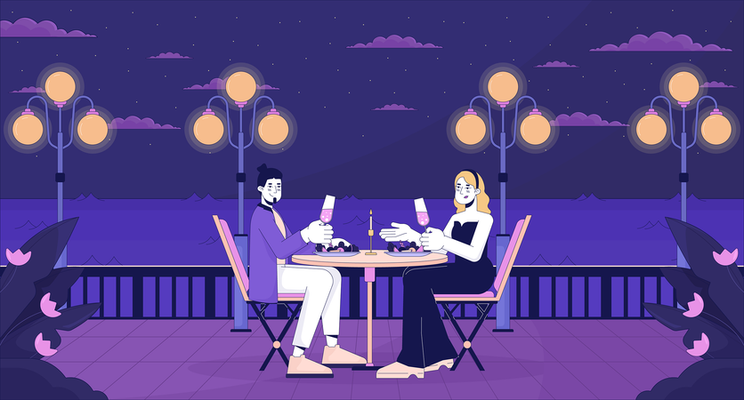 Pareja cenando en un restaurante romántico cerca del mar  Ilustración