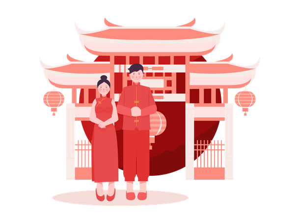 Pareja china con ropa tradicional  Illustration