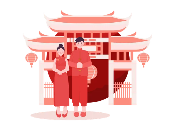 Pareja china con ropa tradicional  Illustration