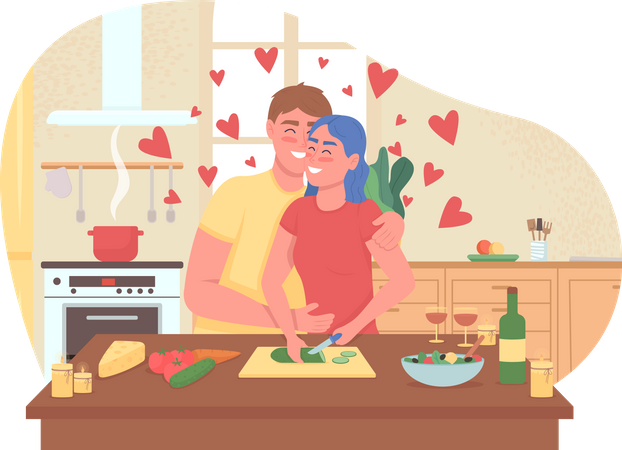 Pareja cocinando una cena romántica  Ilustración