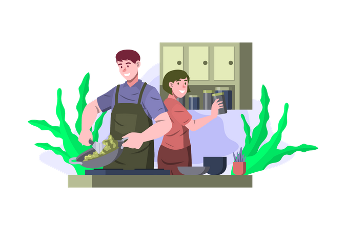 Pareja cocinando juntos en la cocina  Ilustración