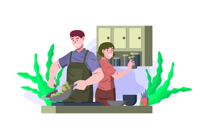 Pareja cocinando juntos en la cocina  Ilustración