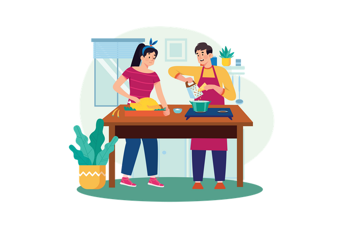 Pareja cocinando pollo juntos en la cocina  Ilustración