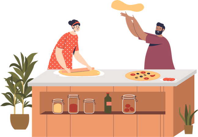 Una pareja cocina pizza juntos en casa  Ilustración