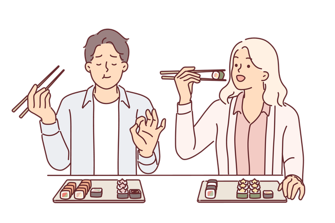 Una pareja come sushi en un restaurante japonés  Ilustración
