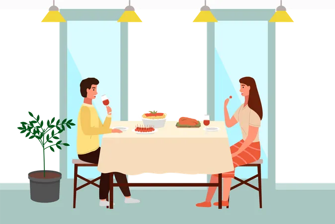 Pareja comiendo comida italiana en el restaurante  Ilustración