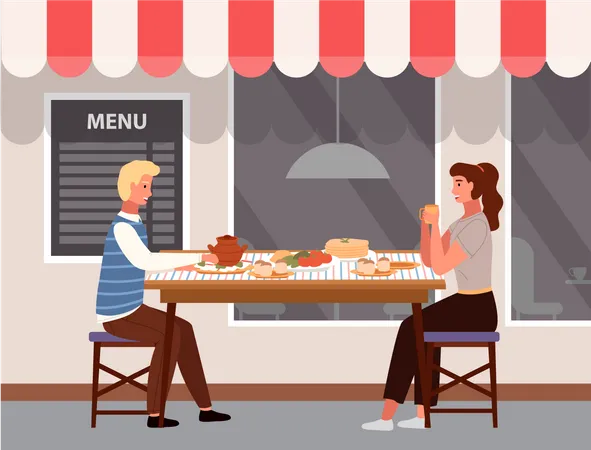 Pareja comiendo comida rusa en la cafetería  Ilustración