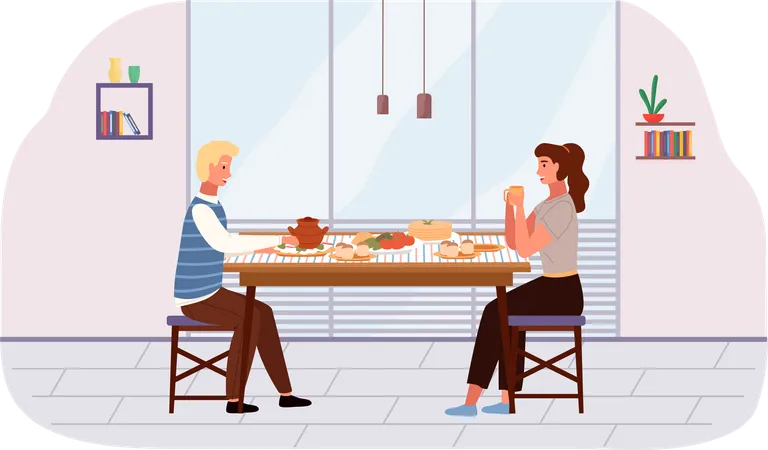 Pareja comiendo comida rusa en casa  Ilustración