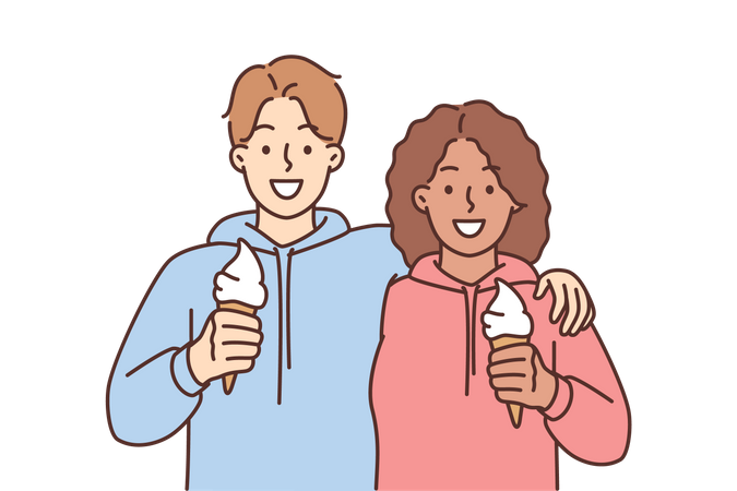 Pareja comiendo cono de helado  Ilustración