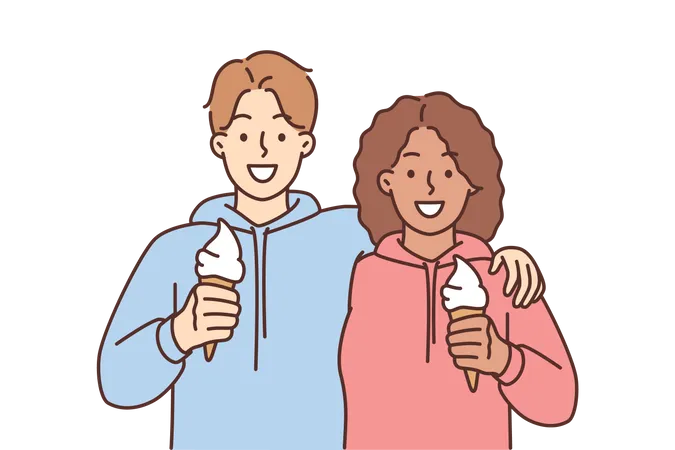 Pareja comiendo cono de helado  Ilustración