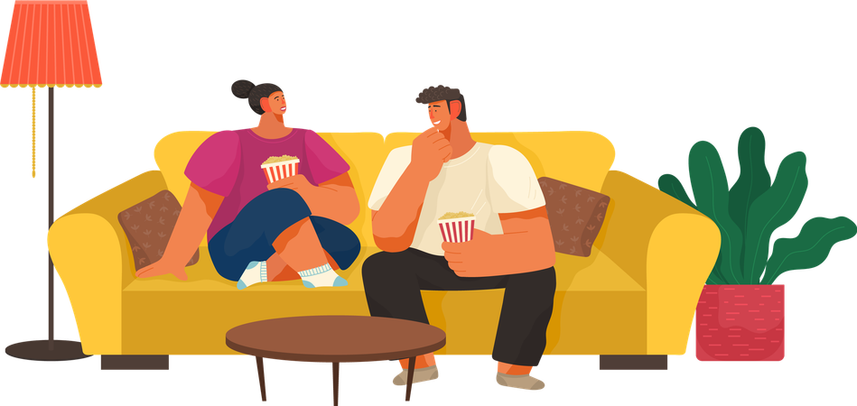 Pareja comiendo palomitas de maíz mientras ve una película en casa  Ilustración