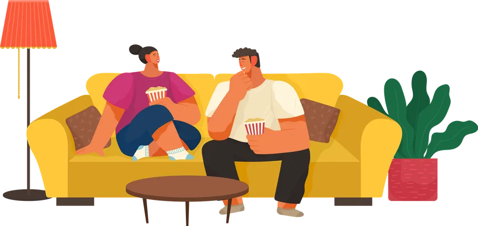 Pareja comiendo palomitas de maíz mientras ve una película en casa  Ilustración